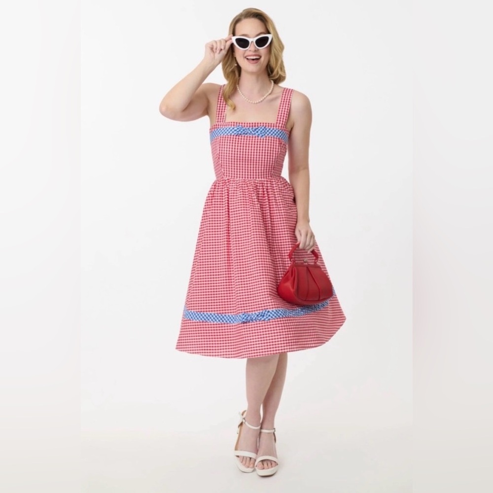 IN SEARCH OF… Unique Vintage Movie Date Red & Blue Gingham Swing Dress, Size XL